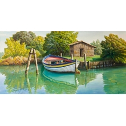 Tableau sur toile, affiche, Bateau sur la rivière, Adriano Galasso