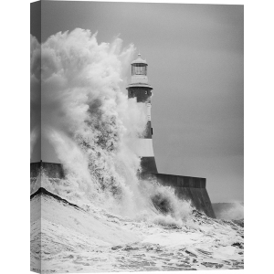 Quadro, stampa su tela. Faro, Mare del Nord in tempesta (B&W) 