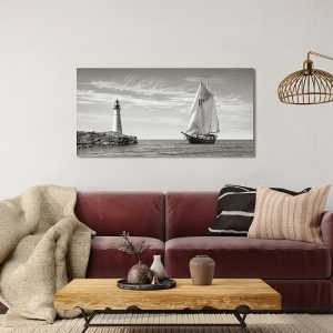 Kunstdruck, Segelboot nähert sich Leuchtturm, Mittelmeer (Detail)