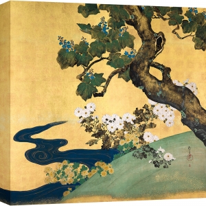 Tableau japonais arbres, Paulonie et chrysanthèmes, Hoitsu Sakai