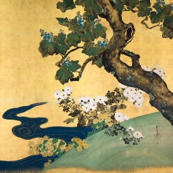 Quadro giapponese con alberi, Paulonia e crisantemi, Hoitsu Sakai