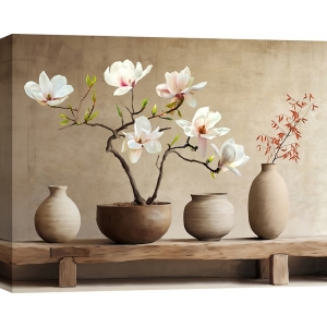 Quadro con Vasi in terracotta e ramo di magnolia