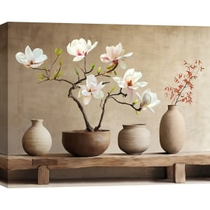 Tableau sur toile Vases en terre cuite et branche de magnolia