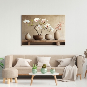 Tableau sur toile Vases en terre cuite et branche de magnolia