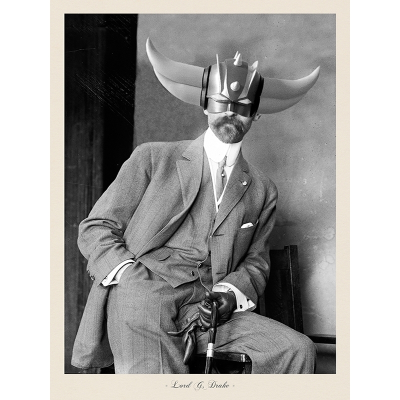 Vintage photo print with Goldrake mask, Lord G. Drake