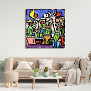 Colorful print on canvas, Happy cactus garden by Wallas