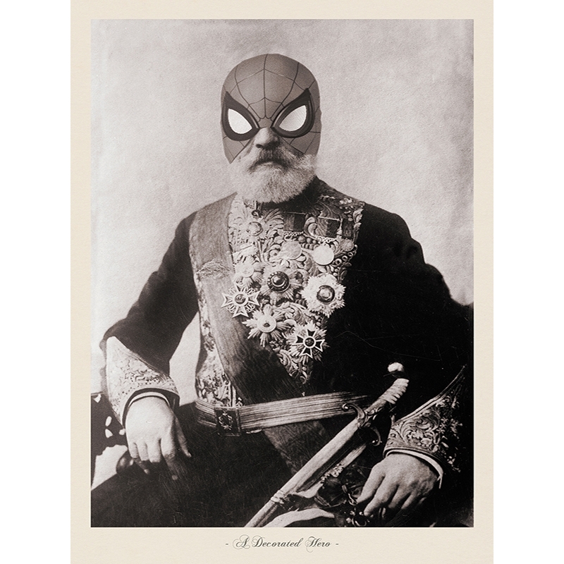 Vintage photo print with Spiderman mask, A Decorated Hero