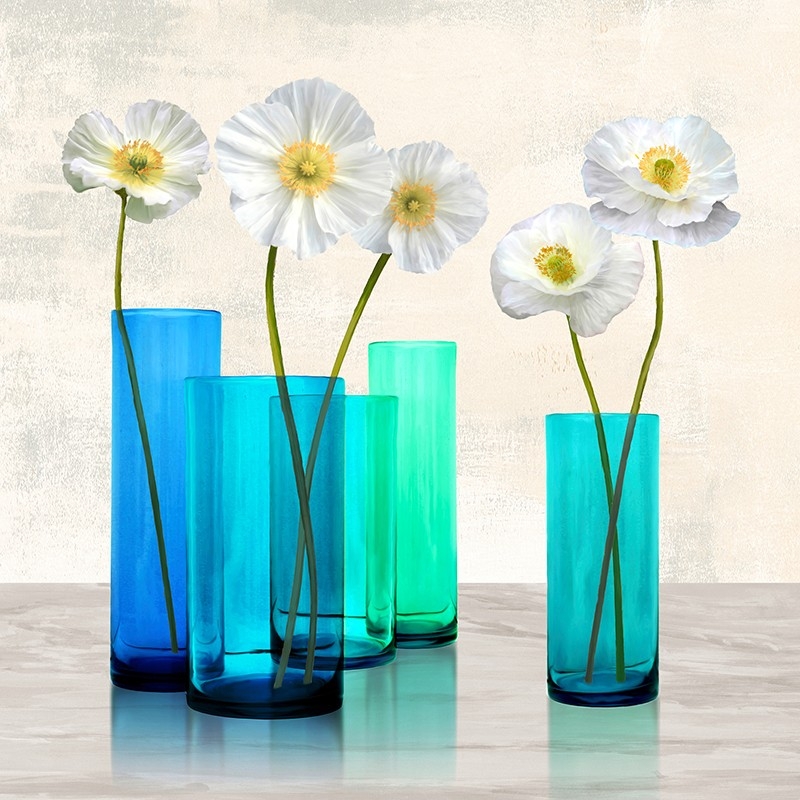 Quadro, stampa su tela. Cynthia Ann, Poppies in crystal vases (Aqua I)