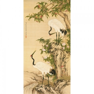 Cuadro japoneses en canvas. Anónimo, Grulla, melocotón y rosas chinas