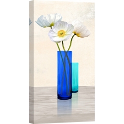 Wall art print and canvas. Cynthia Ann, Poppies in crystal vases (Aqua II)