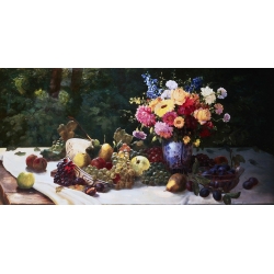 Cuadros bodegones en canvas. Burghardt, Florero de flores y frutas