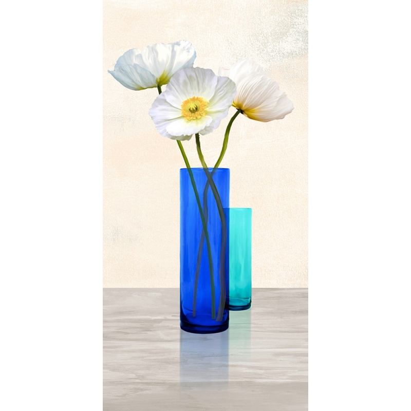 Wall art print and canvas. Cynthia Ann, Poppies in crystal vases (Aqua II)