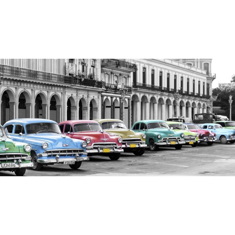 Wall art print and canvas. Cars parked in line, Havana, Cuba