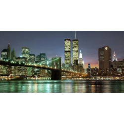Quadro, stampa su tela. Barry Mancini, Brooklyn Bridge e Twin Towers di notte