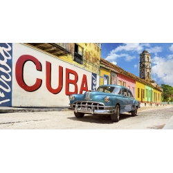 Tableau sur toile. Pangea Images, Voiture d'époque et peinture murale, Cuba