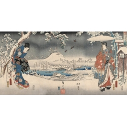 Wall art print and canvas. Ando Hiroshige, Snowy landscape with a woman and a man, 1853