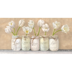 Wall art print and canvas. Jenny Thomlinson, White Tulips in Mason Jars