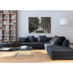 Wall art print and canvas. Gasoline Images, Roadster in tree lined road, Paris (BW)