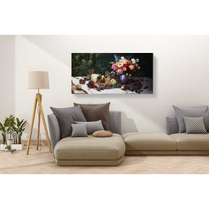 Wall art print and canvas. Adam Burghardt, Vase of Flowers and Fruit on a Draped Table