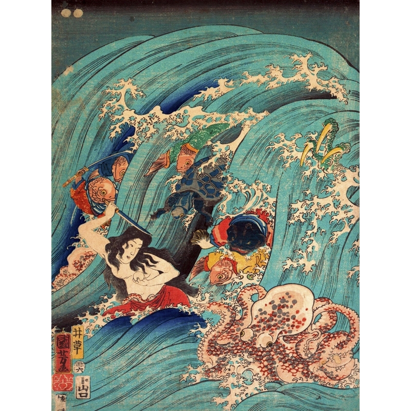 Quadro, stampa su tela. Kuniyoshi Utagawa, Recovering a jewel from the palace of the dragon king I