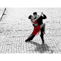 Wall art print and canvas. Couple dancing Tango on cobblestone road