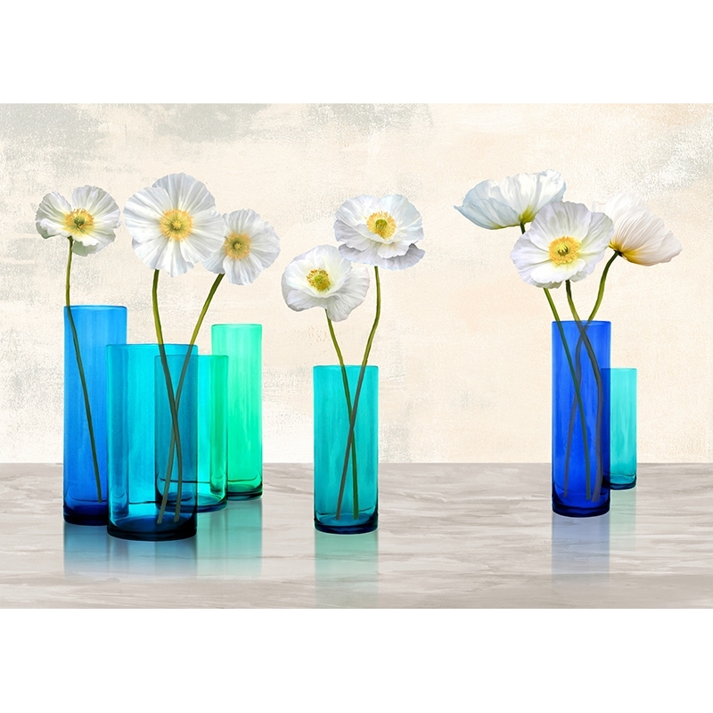 Wall art print and canvas. Cynthia Ann, Poppies in crystal vases (Aqua palette)