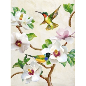 Cuadros de flores modernos en canvas. Terry Wang, Magnolia con pájaros