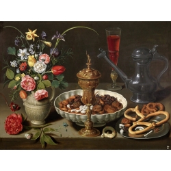 Cuadro en canvas. Clara Peeters, Bodegón con flores y frutos secos