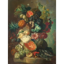 Cuadro en canvas. Jan Van Os, Bodegón: Frutas, flores y un pez
