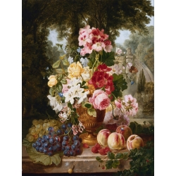 Quadro, stampa su tela. William John Wainwright, Un vaso di fiori estivi con frutta