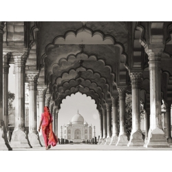 Wall art print and canvas. Pangea Images, Woman in traditional Sari walking towards Taj Mahal (BW)