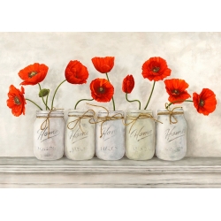 Tableau fleurs. Coquelicots rouges dans des vases Mason Jars