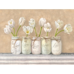 Wall art print and canvas. Jenny Thomlinson, White Tulips in Mason Jars