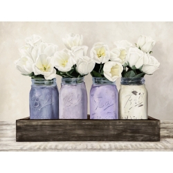 Tableau fleurs. Tulipes dans des vases Mason Jars