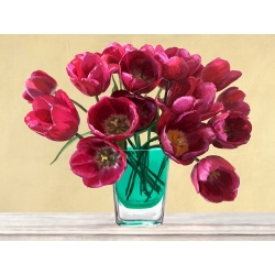 Quadro, stampa su tela fiori. Tulipani rossi in vaso di vetro