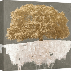 Wall art for living room. Art print and canvas. Golden Tree on Grey