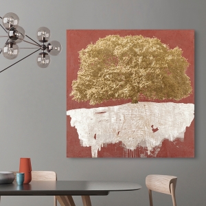 Wall art for living room. Art print and canvas. Golden Tree on Red