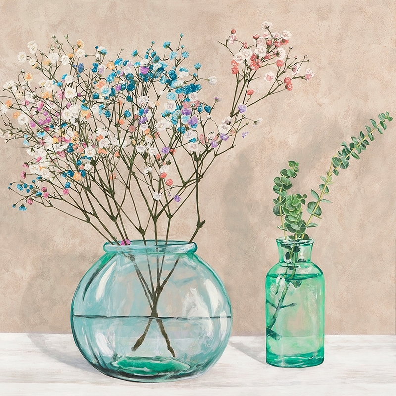 Wall Art Print and Canvas. Floral setting with glass vases I