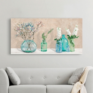 Cuadro en canvas. Composición floral con jarrones de cristal