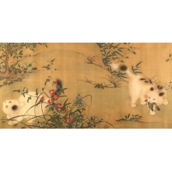 Tableau japonais avec chats. Jeu de printemps dans un jardin Tang
