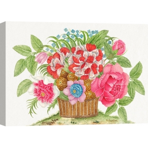 Botanical art print, canvas, poster. Basket of blooming flowers