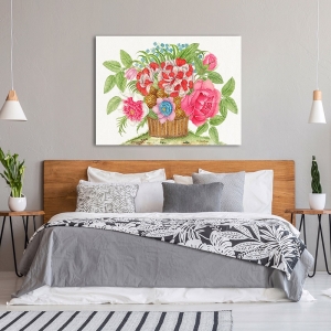 Botanical art print, canvas, poster. Basket of blooming flowers