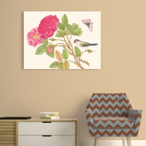 Wall art print, canvas, poster. A bird on rose branch
