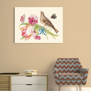 Leinwandbilder und Poster. Kleiner Vogel auf einem Blumenstrauß