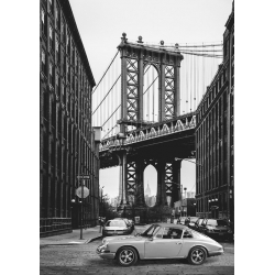 Vintage car poster and canvas. By the Manhattan Bridge (BW)