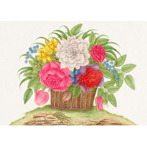 Botanical art print, canvas, poster. Basket of blooming flowers II