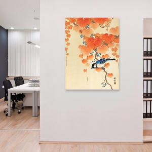 Japanese art print, poster. Ohara Koson, Great tit on paulownia