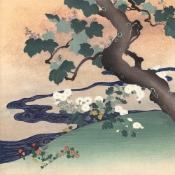 Wall art print, canvas. Tsukioka Kogyo, Tree and chrysanthemums