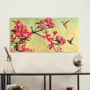 Wall art print. Kelly Parr, Hummingbirds on a flower branch, detail