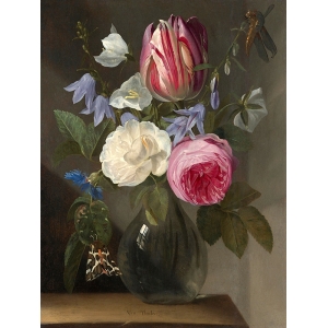 Quadro fiori. Van Thielen, Rose e tulipani in un vaso di cristallo